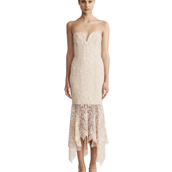 Shona Joy Women's Lace Cocktail Handkerchief Midi Dress in Nude (US Size 10) - Picture 1 of 10
